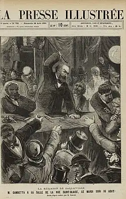 Gravure montrant un homme barbu debout, brandissant une canne.