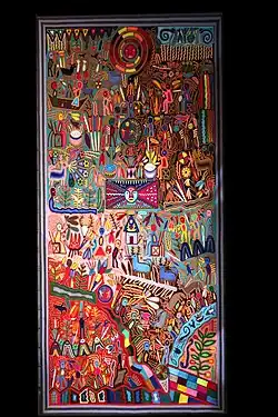 Tableau de laine nierika : La voie de la chenille. H. 200&nbsp;cm. Bois, cire, laine. Attribué à Apollionio Camillo Enriques. Indiens Huichol