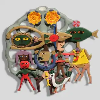 Arbre de vie inspiré de l'art contemporain. Village de Metepec. État de Mexico. H. 52&nbsp;cm. Terre cuite, pigments