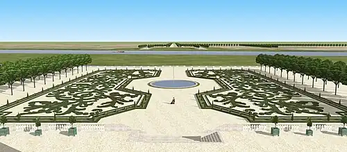 Vue sur le parterre du château de Maisons au XVIIe&nbsp;siècle, depuis le premier étage.