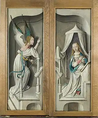 Triptyque avec Marie et l'enfant, Joseph, des anges et des saints dans un jardin clos, sur les côtés extérieurs des volets une annonciation avec un ange à gauche et Marie à droite, peinture à l'huile, panneau, vers 1495-1504, Musée du couvent Sainte-Catherine, Utrecht.