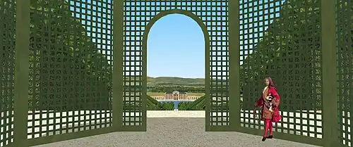 Restitution de la vue depuis l'intérieur du kiosque des jardins du château de Montmorency, vers 1685.