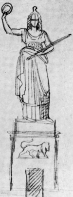 Premières esquisses de Schwanthaler : robe antique, le lion se trouve sur le socle.