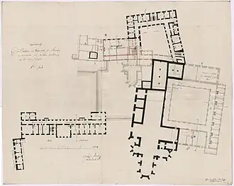 Plan architectural d'une église et de bâtiments monastiques.