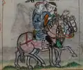 Un fauconnier à cheval courtisant une femme coiffée d'une barbette et d'une résille à la mode du XIIIe s, début du XIVe s. (British Library Stowe MS17, fol. 243).