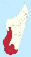 Localisation de la province de Toliara sur la carte de Madagascar.