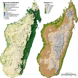 Deux cartes de Madagascar, montrant la couverture terrestre à gauche et la topographie à droite