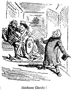 Dessin montrant un homme surpris de trouver une femme dans les bras d'un autre homme en entrant dans une pièce.