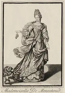 Mlle de Mennetoud, en pied (1695), estampe d'après Robert Bonnart, Paris, BnF.