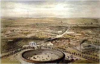 Vue aérienne de Madrid montrant la Porte d'Alcalá et son arène. Lithographie datant approximativement de 1854, par Alfred Guesdon.