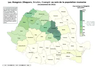 Carte de la Roumanie où apparaissent en jaune-vert de nombreuses régions, principalement à l'ouest (Transylvanie).