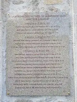 Plaque mémorielle des Fusillés et Déportés de Bugeat (Corrèze, France) inaugurée le 8 mai 2025.