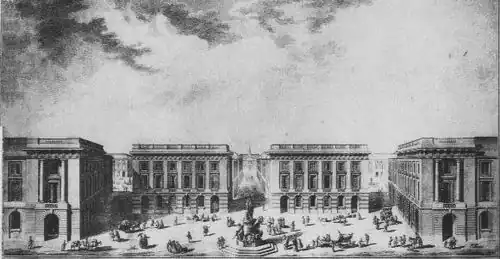 Perspective depuis le toit de l'hôtel des fermes vers la mairie, gravure du XVIIIe&nbsp;siècle.