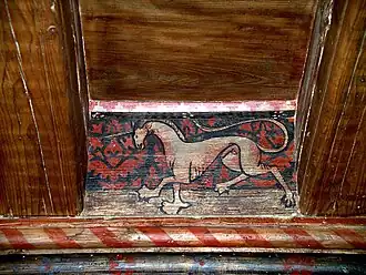 Détail (licorne) du plafond peint de la salle d'apparat du premier étage, 1450.