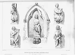 Gravure de différentes statues de la Maison des musiciens par Aymar Verdier.