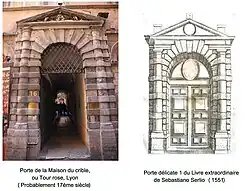 Porte de la Maison du Crible (ou Tour rose), Lyon, probablement XVIIe siècle.
