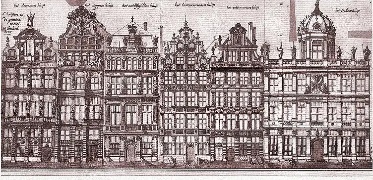 La Maison du Sac (au centre) et ses voisines.Dessin de Ferdinand-Joseph Derons (1727).