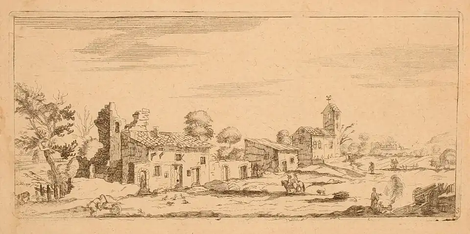 Maisons près de l'église, Nicolas de Son, 1625-1637, estampe à l'eau-forte, Musée des Beaux-Arts de Nancy, Inv. TH.99.15.1142