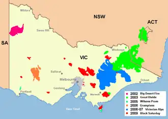 Principaux feux de brousse du Victoria dans les années 2000