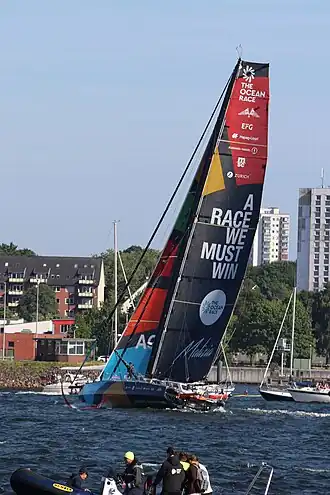 Bateau progressant à la voile, vu de trois quarts arrière, non loin d'une rive urbanisée.