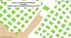 Carrières souterraines de la Malogne (Cuesmes). Extrait d'un plan montrant la méthode d'exploitation par chambres et piliers abandonnés (vers 1910).