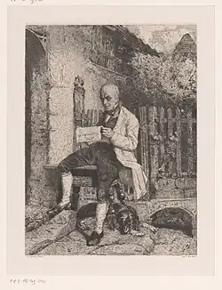 Homme assis devant sa porte lisant le journal, Album du Journal des Familles (1874).