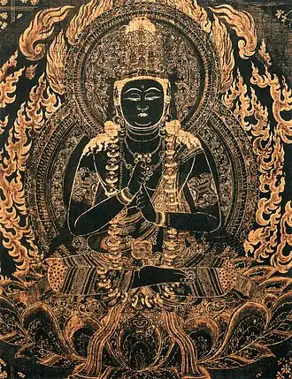 Mandala Ryōkai (d'une paire). Encre à la poudre d'or et d'argent, soie pourpre. H. 4,11 m. Vers 830. Jingo-ji, Kyōto.