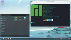 Capture d’écran de l'environnement graphique de bureau KDE 6 personnalisé avec l'émulateur de terminal Konsole et le nouveau "menu démarrer".