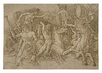 Andrea Mantegna, Le Combat des dieux marins (vers 1475), gravure au burin et pointe sèche.