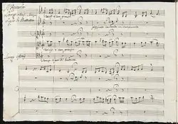 Photographie en noir et blanc du manuscrit : deux groupes de 5 portées.