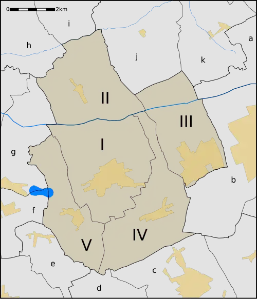 Jabbeke, communes fusionnées et voisines. Les zones en jaune représentent les agglomérations.
