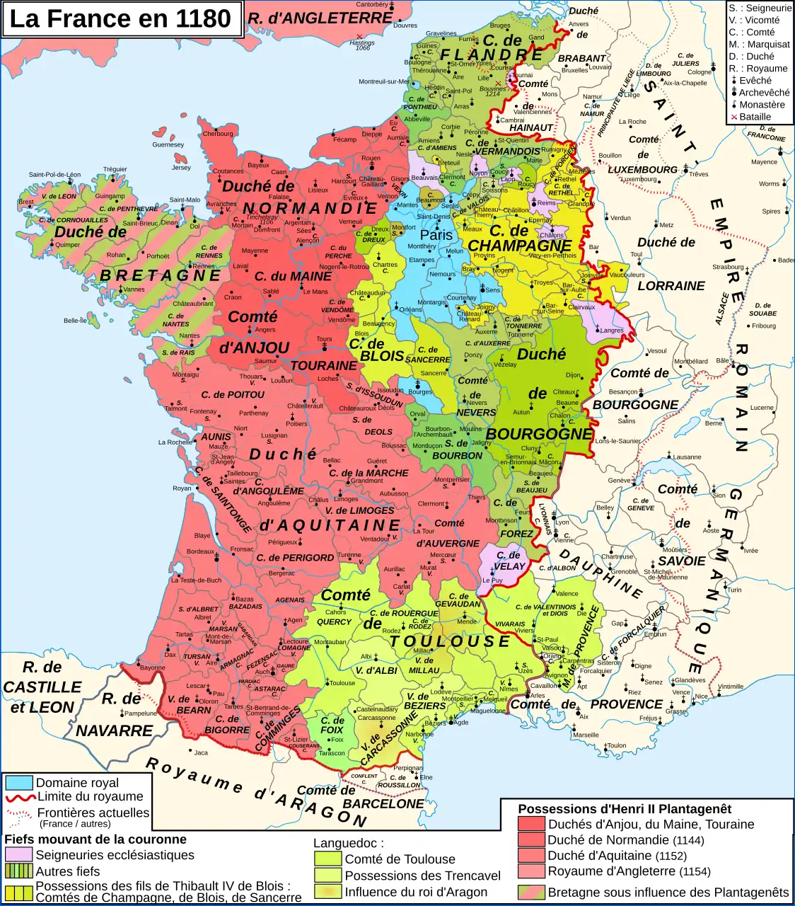 Carte figurant avec différentes teintes de jaune, de vert et de rose le découpage territorial du royaume