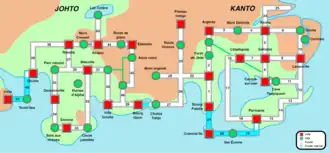 Carte schématique du monde des jeux composés de vingt villes et villages, de quarante-six routes terrestres et maritimes et de la ligue Pokémon.