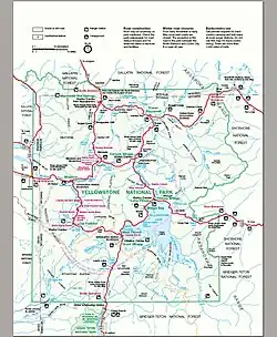 Carte montrant les principaux lieux et itinéraires touristiques du parc.