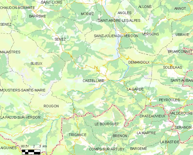 Carte élémentaire montrant les limites de la commune, les communes voisines, les zones de végétation et les routes