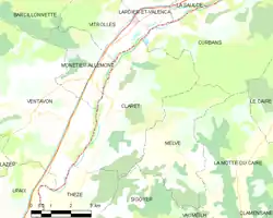 Carte élémentaire montrant les limites de la commune, les communes voisines, les zones de végétation et les routes