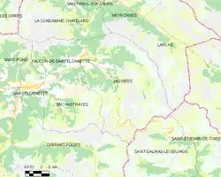 Carte élémentaire montrant les limites de la commune, les communes voisines, les zones de végétation et les routes
