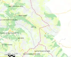 Carte élémentaire montrant les limites de la commune, les communes voisines, les zones de végétation et les routes