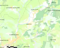 Carte élémentaire montrant les limites de la commune, les communes voisines, les zones de végétation et les routes