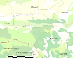 Carte élémentaire montrant les limites de la commune, les communes voisines, les zones de végétation et les routes