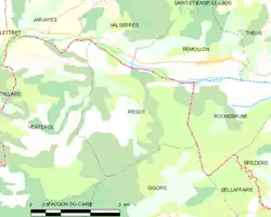Carte élémentaire montrant les limites de la commune, les communes voisines, les zones de végétation et les routes