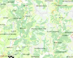 Carte élémentaire montrant les limites de la commune, les communes voisines, les zones de végétation et les routes