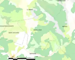 Carte élémentaire montrant les limites de la commune, les communes voisines, les zones de végétation et les routes