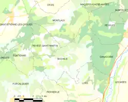Carte élémentaire montrant les limites de la commune, les communes voisines, les zones de végétation et les routes
