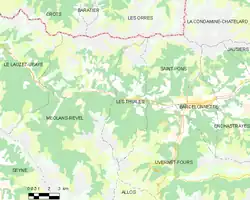 Carte élémentaire montrant les limites de la commune, les communes voisines, les zones de végétation et les routes