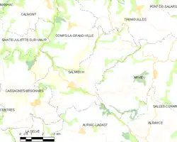 Carte topographique figurant le village de Salmiech et les communes environnantes.