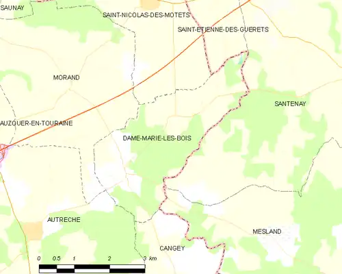 Carte en couleurs montrant les limites d'une commune et de celles qui l'entourent.