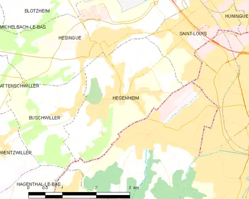 Carte de la commune de Hégenheim et des proches communes.