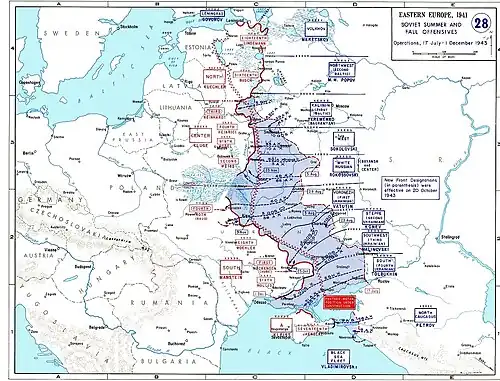 Carte en anglais montrant l'avancée soviétique entre Don et Dniepr entre juillet et décembre 1943.
