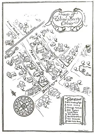 Dessin d'une ville vue d'en haut, noir et blanc, détail des rues en relief, légende.